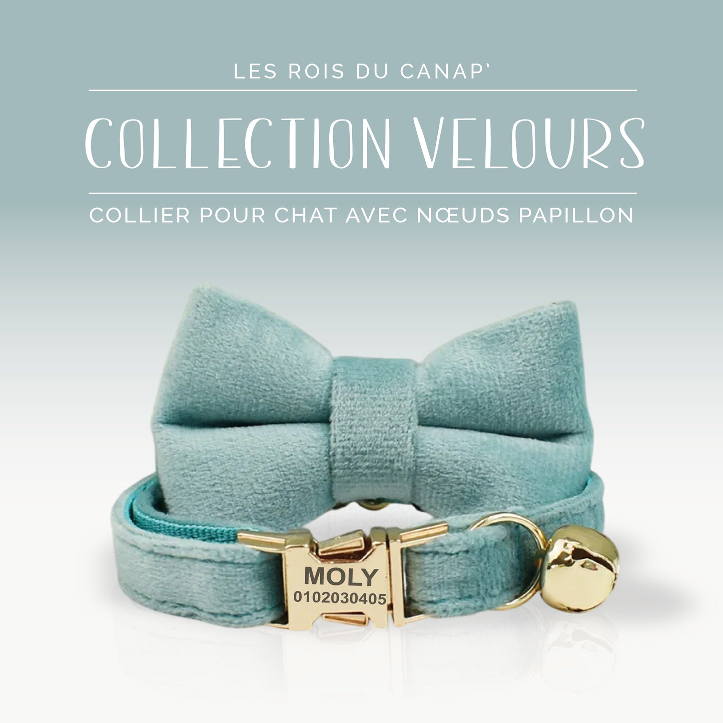 Collier Chat Personnalisé avec Nœud - Velours Lisse - Bleu