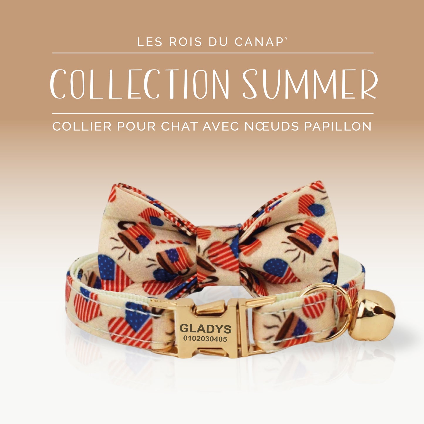 Collier Chats Personnalisé avec Nœud - Summer - Cœurs Américain