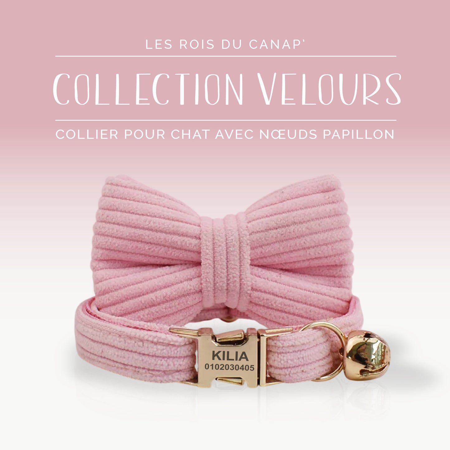 Collier Chat Personnalisé avec Nœud - Velours Côtelé - Rose Bonbon