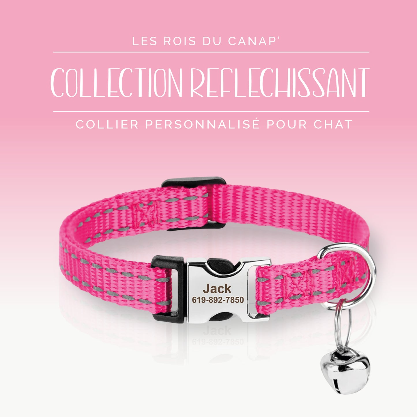 Collier Chats Personnalisé - Réfléchissant - Rose - Nylon