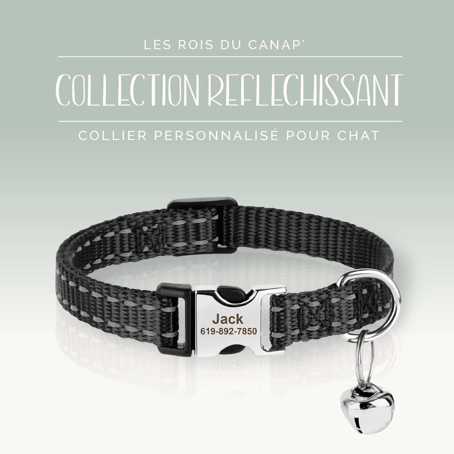 Collier Chats Personnalisé - Réfléchissant - Noir - Collier