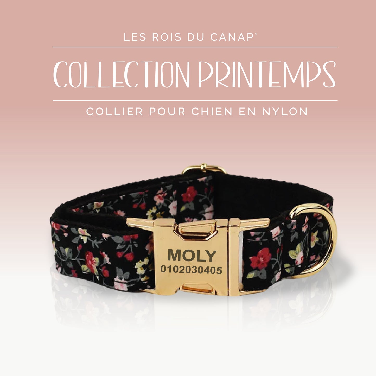 Collier Chien Personnalisé - Collection Printemps - Noir à Fleur