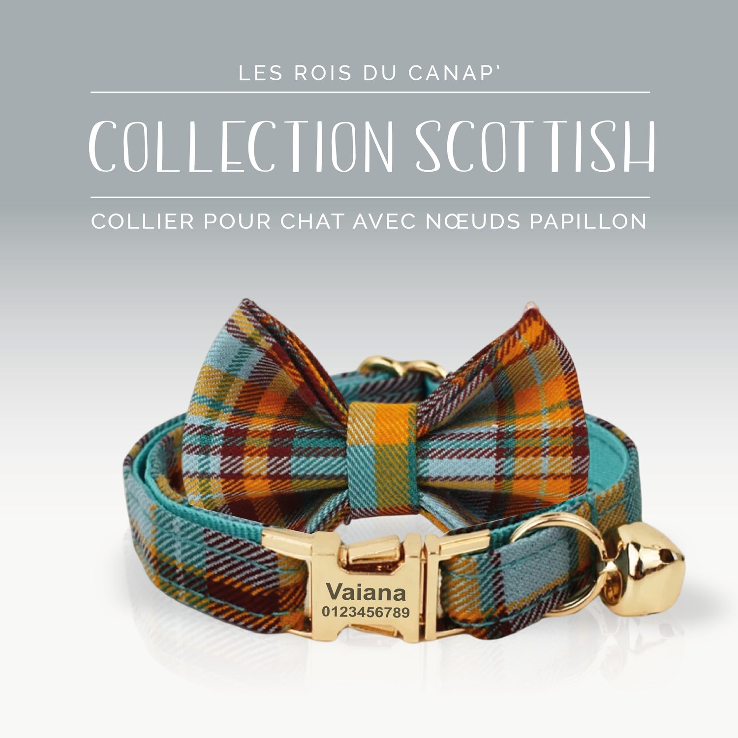 Collier Chats personnalisé avec nœud - Scottish - Bleu et Orange - Collier