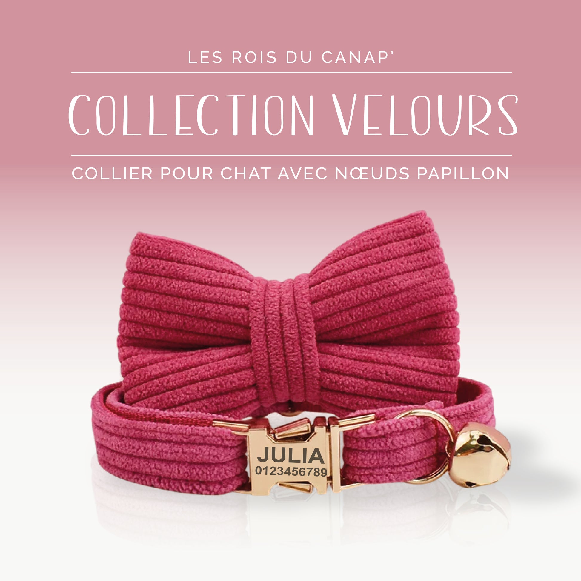 Collier Chat Personnalisé avec Nœud - Velours Côtelé - Rose Fushia - Collier