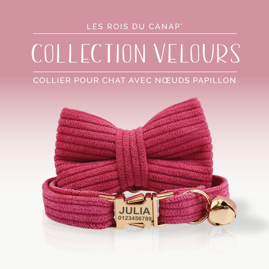 Collier Chat Personnalisé avec Nœud - Velours Côtelé - Rose Fushia - Collier