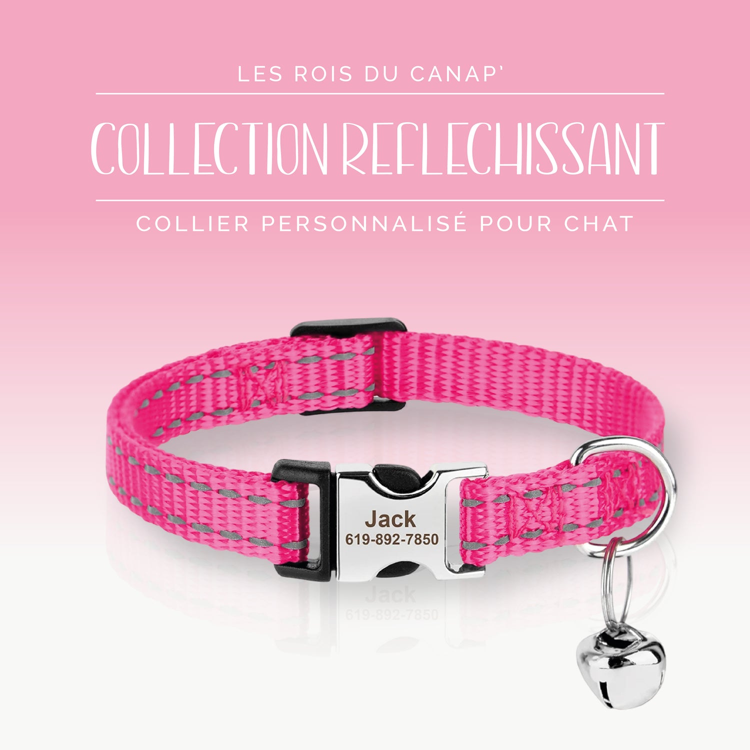 Collier Chats Personnalisé - Réfléchissant - Rose - Nylon