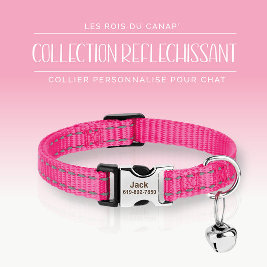 Collier Chats Personnalisé - Réfléchissant - Rose - Nylon