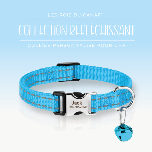 Collier Chats Personnalisé - Réfléchissant - Bleu - Collier