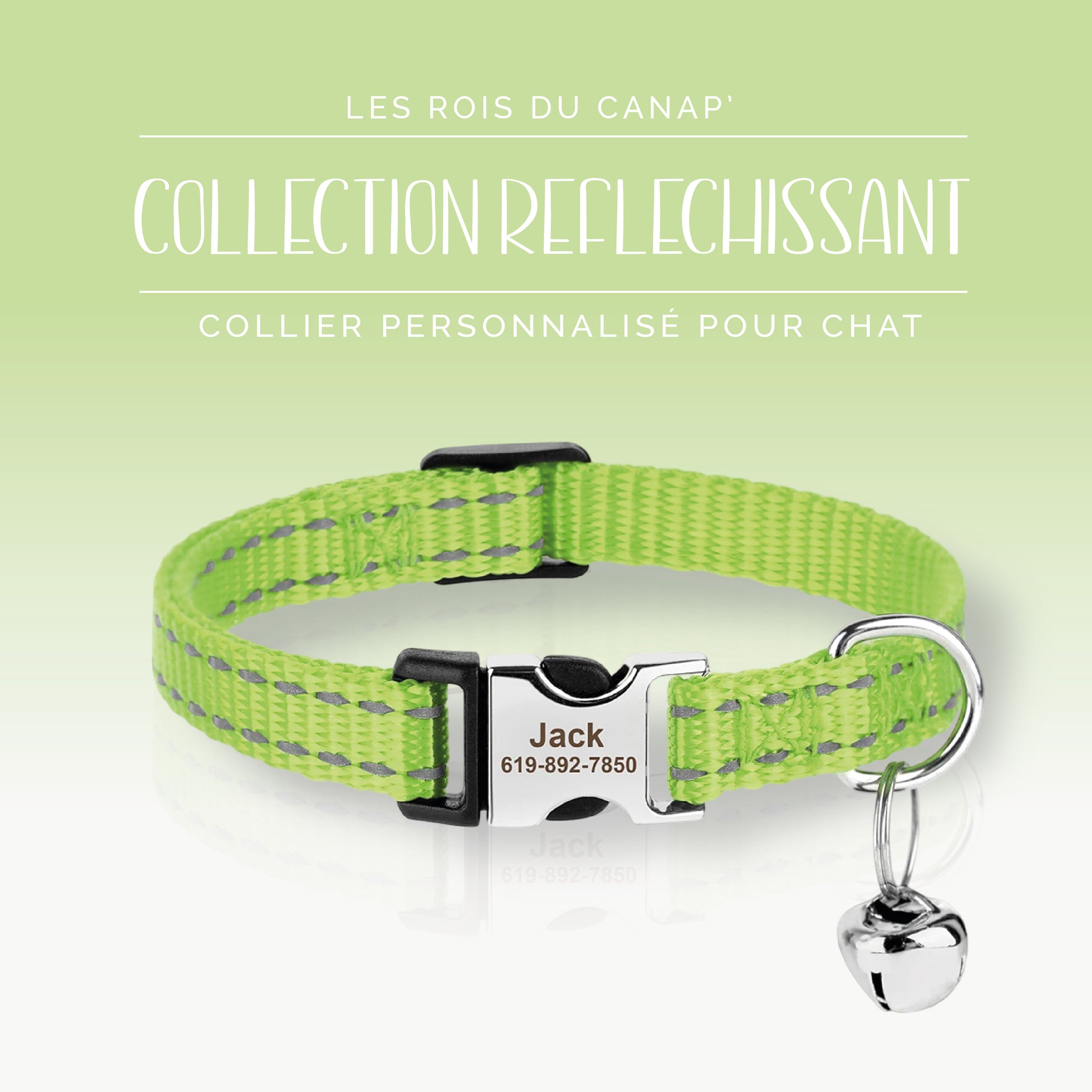 Collier Chats Personnalisé - Réfléchissant - Vert - Collier