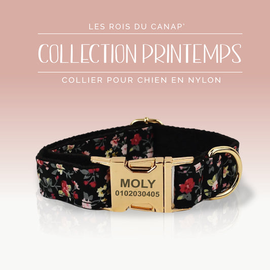 Collier Chien Personnalisé - Collection Printemps - Noir à Fleur