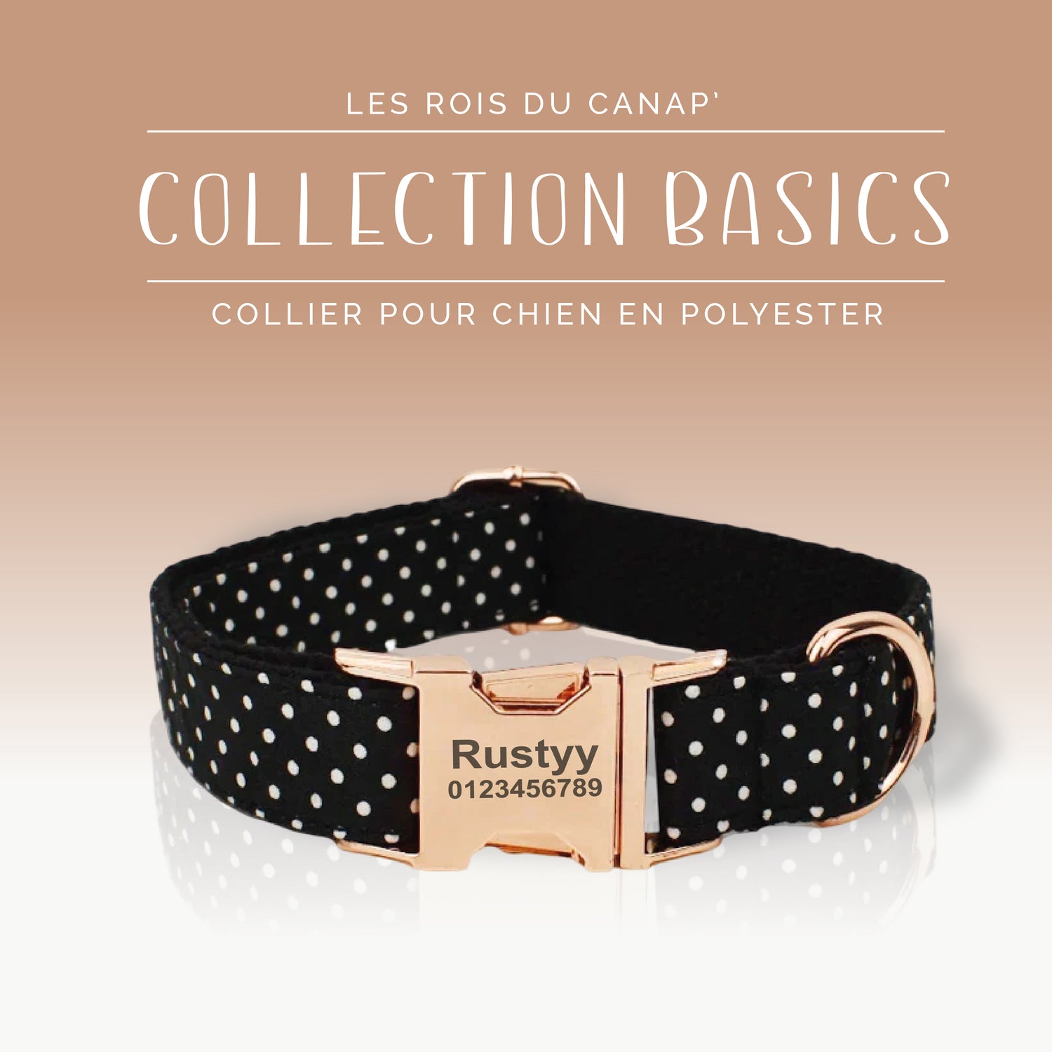 Collier Chien Personnalisé - Collection Basics- Noir à Pois Blanc