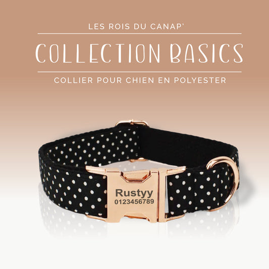 Collier Chien Personnalisé - Collection Basics- Noir à Pois Blanc